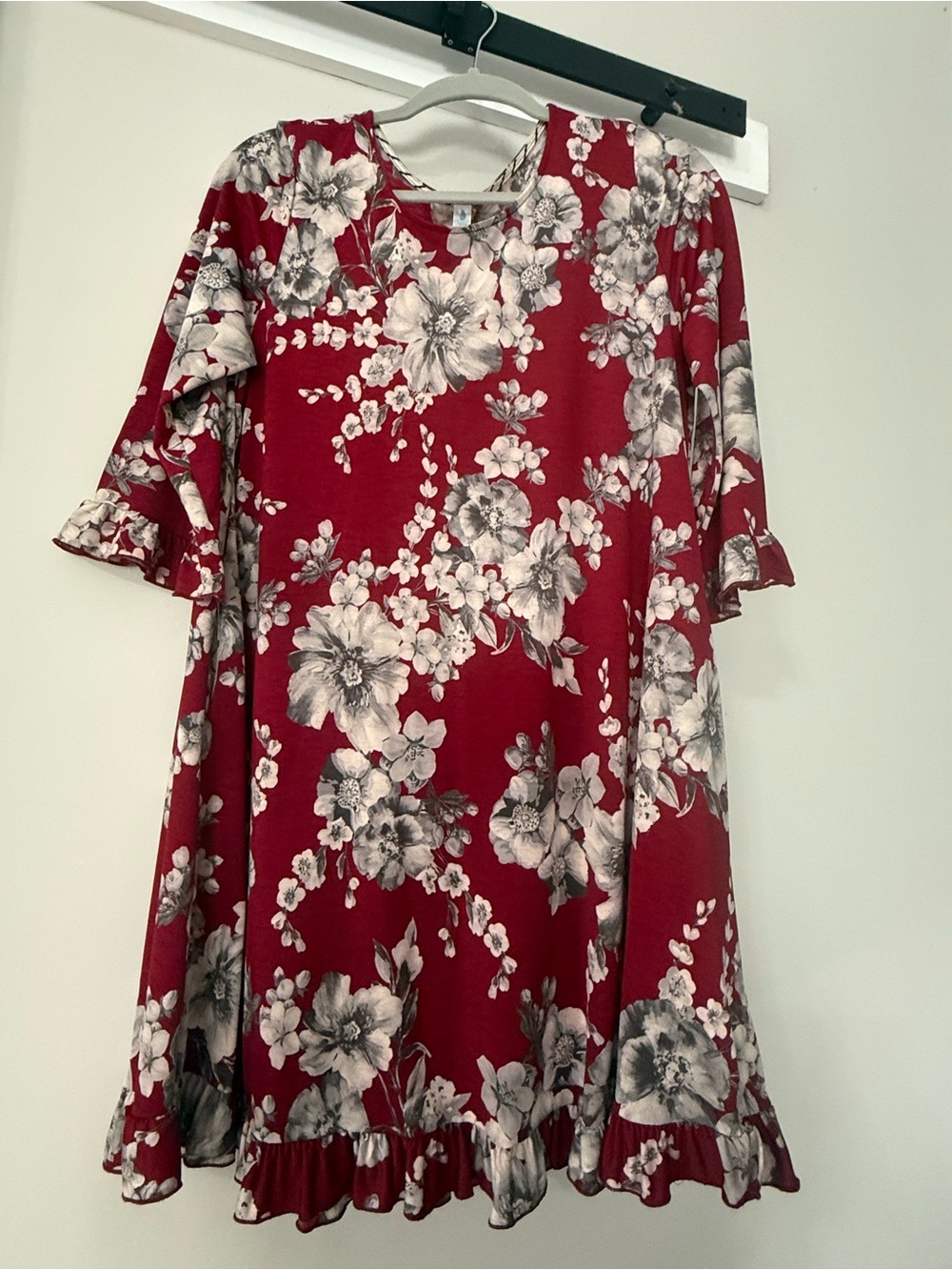 Women’s Red Floral Casual Swing Dress with Ruffle Hem